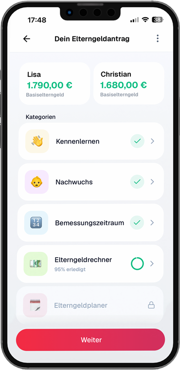 Ein Smartphone zeigt die ersten Fragen der Elterngeld Buddy App zum Nachwuchs an.