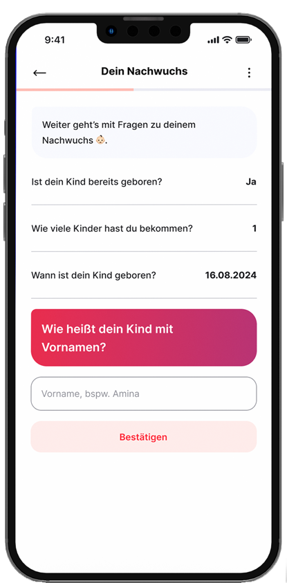 Ein Smartphone zeigt die ersten Fragen der Elterngeld Buddy App zum Nachwuchs an.