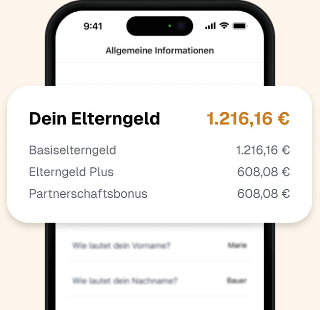 Auflistung der genauen Elterngeld Summe für die drei Varianten. Im Hintergrund ist ein Smartphone zu sehen.