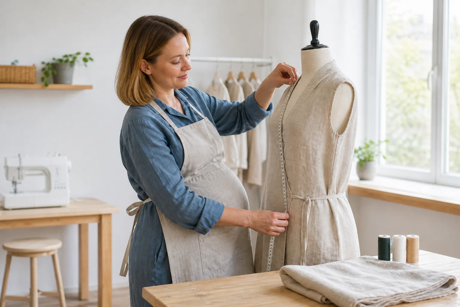 Schwangere Selbstständige arbeitet in ihrem Schneideratelier