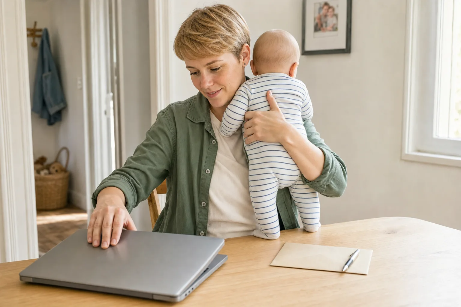 Mutter schließt den Laptop und hält ihr Baby im Arm
